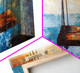 Rustic Wooden Swing by the Ocean, Serene Beach Wall Art, Tranquil Coastal Decor, Dreamy Blue and Gold Painting, Bedroom Artwork