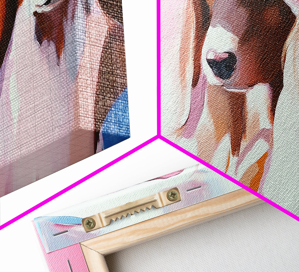Stylish Dogs, Trendy Animal Art, Pink Aesthetic Print, Modern Pet Portrait, Whimsical Wall Art, Playful Decor, Framed Canvas Print