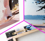 Forest Lake Scene, Tranquil Nature Painting, Minimalist Woodland Print, Blue and Pink Aesthetic, Framed Canvas Print, Bedroom Wall Art