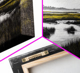 Marshland Scene, Serene Landscape, Black and White Nature Art, Modern Decor, Misty Grasslands, Living Room Artwork, Framed Canvas Print