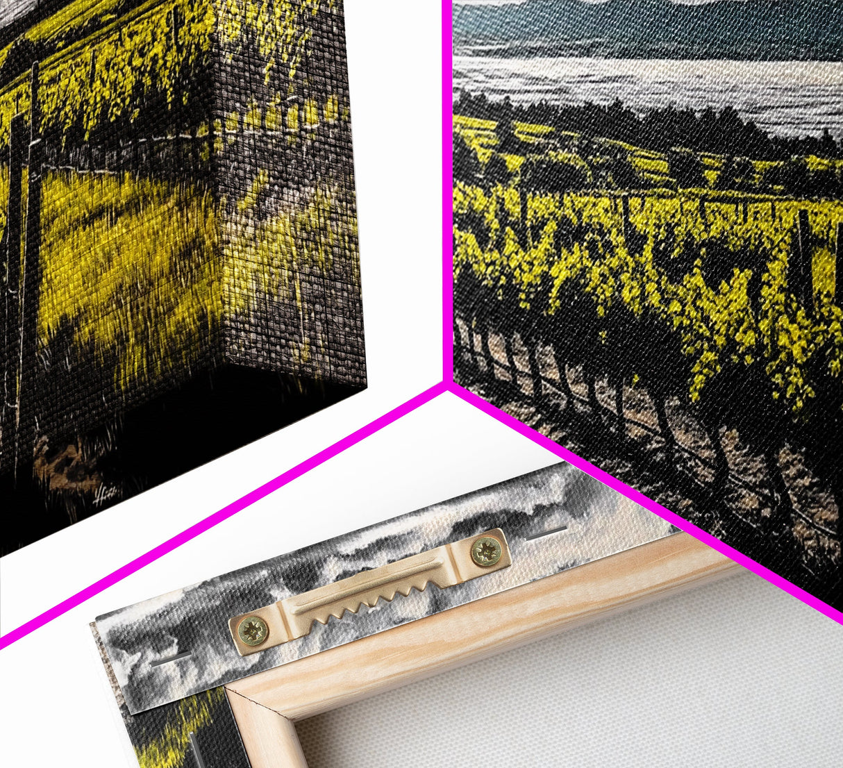 Vineyard View, Rolling Hills, Country Art, Framed Canvas Print, Rustic Landscape, Black White Yellow, Living Room Wall Art, Large Canvas