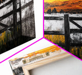 Sunset Fence, Mountain View, Rustic Canvas Print, Large Wall Art, Autumn, Farmhouse Painting, Framed Canvas Print, Moody Home Decor