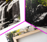 Waterfall Scene, Nature Art, Black and White Landscape, Rustic Cabin Decor, Wilderness Painting, Relaxing Wall Art, Canvas Print