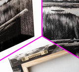 Marshland, Serene, Nature, Black and White, Framed Canvas Print, Landscape Painting, Rustic Wall Art, Cabin Decor, Neutral Tone Art