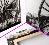 Wagon Wheel, Mountain Landscape, Black and White Western Art, Rustic Home Decor, Framed Canvas Print, Farmhouse Living Room Art