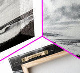 Black and White Beach, Moody Sky, Stormy Waves, Framed Canvas Print, Minimalist Wall Art, Modern Home Decor, Nautical Landscape
