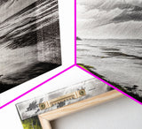 Stormy Beach, Coastal Horizon, Monochrome Landscape, Framed Canvas Print, Minimalist Art, Modern Living Room Decor, Dramatic Ocean Scene