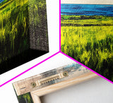 Coastal Landscape, Ocean View, Green Fields, Framed Canvas Print, Serene Wall Art, Nature Inspired, Tranquil Beach Decor, Modern Art