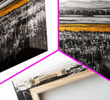Golden Meadow, Black and White Landscape with Yellow Accents, Minimalist Nature Wall Art, Framed Canvas Print, Living Room or Office Decor