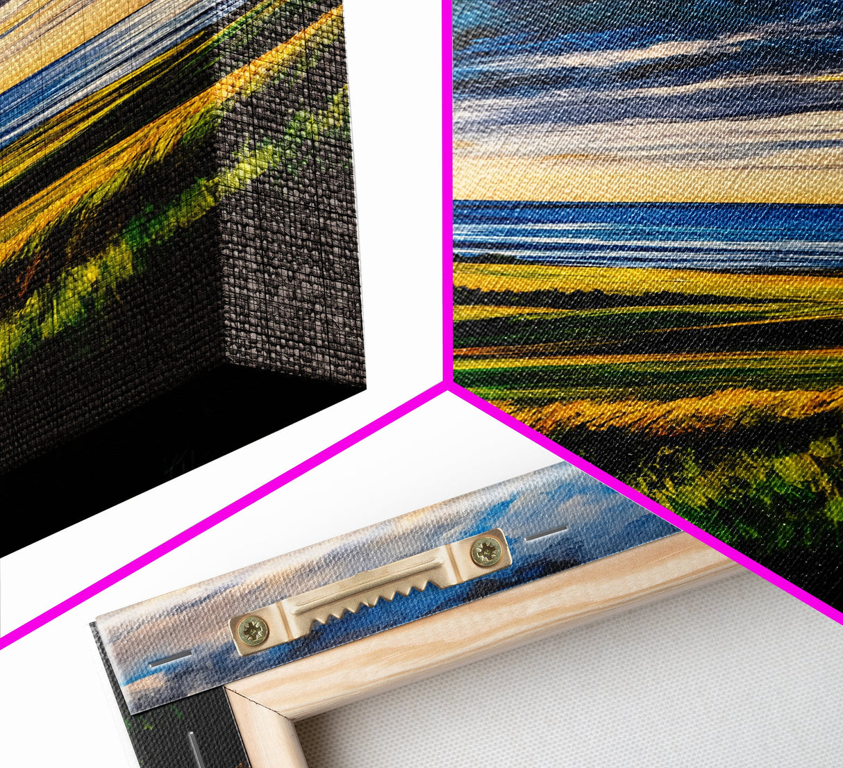 Sunset Over Hills, Coastal Fields, Dramatic Sky, Nature Wall Art, Framed Canvas Print, Vibrant Home Decor, Rolling Landscape, Ocean View