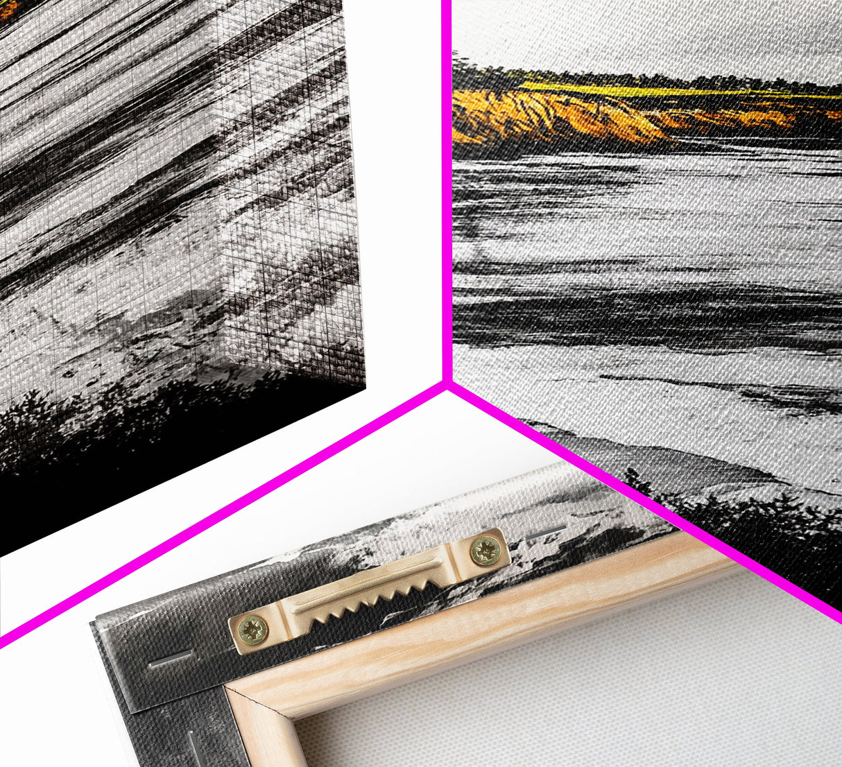 Golden Cliffs, Ocean Landscape, Beach House Wall Art, Canvas Print, Coastal Scene, Black and White Painting, Sunset Inspired Decor