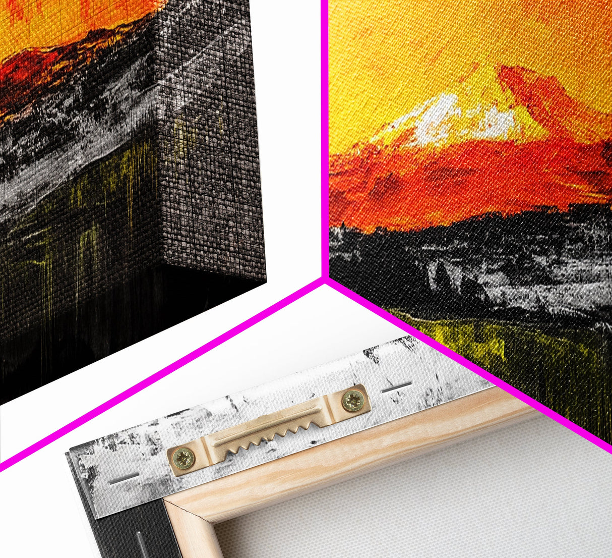 Fiery Peaks, Mountain Sunset, Landscape Painting, Framed Canvas Print, Rustic Home Art, Living Room Decor, Bold Wall Art