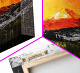 Fiery Peaks, Mountain Sunset, Landscape Painting, Framed Canvas Print, Rustic Home Art, Living Room Decor, Bold Wall Art
