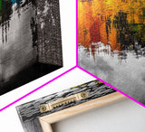 Colorful Reflection, Abstract Water Art, Nature Painting, Autumn Trees, Vibrant Colors, Black and White Contrast, Canvas Print