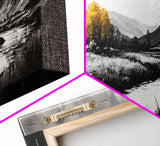 River Landscape, Rustic Nature Art, Black and White with Yellow Accent, Peaceful Scenery, Living Room Decor, Canvas Print