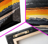 Sunset Over Mountains, Dramatic Landscape Art, Black and Yellow Wall Art, Bold Sky Painting, Nature Print, Office Wall Decor, Framed Canvas Prin