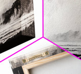Misty Ocean, Coastal Hills, Foggy Landscape, Framed Canvas Print, Black and White Art, Monochrome Painting, Nature Wall Art, Office Decor