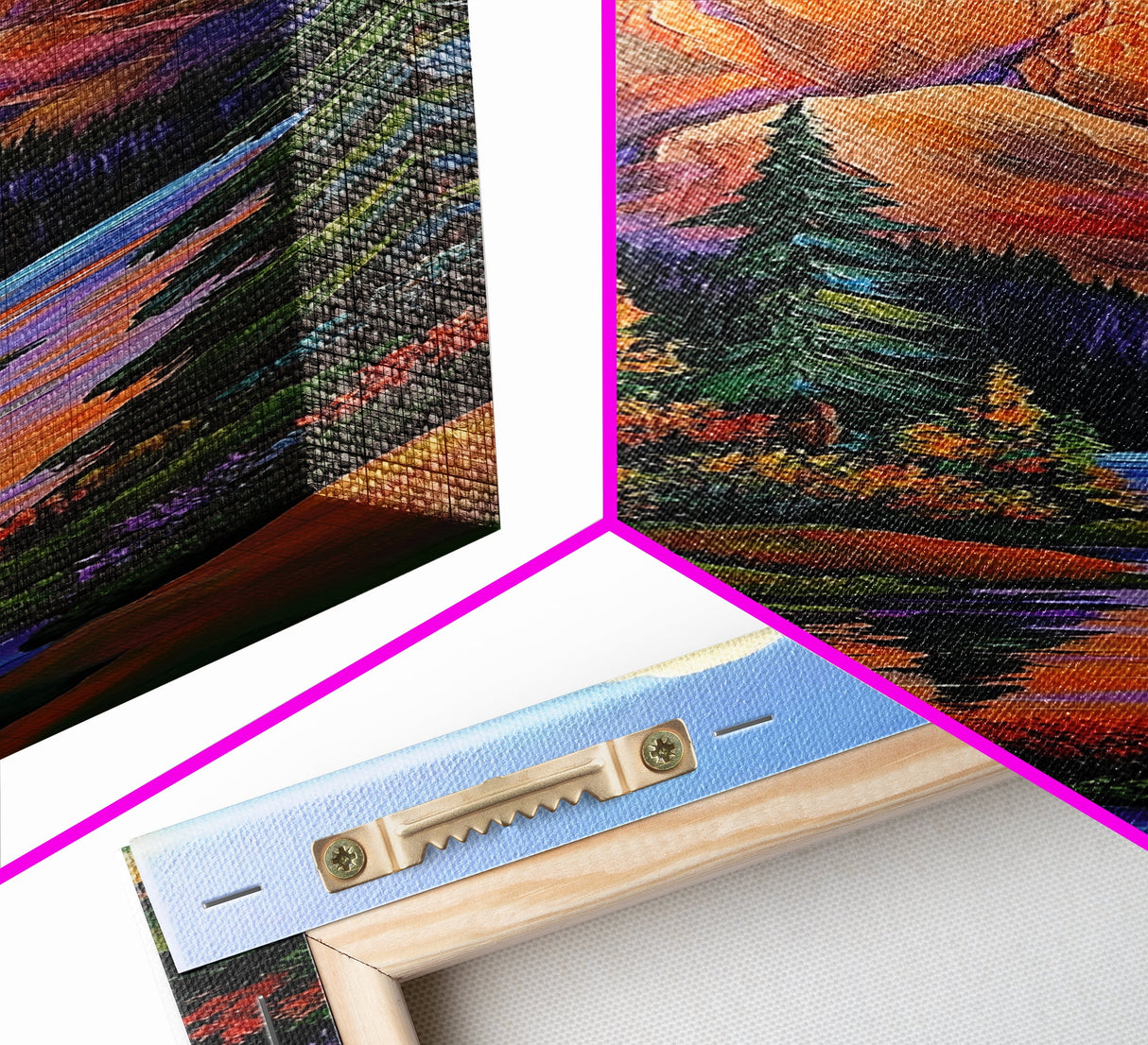 Mountain Pines, Autumn Stream, Framed Canvas Print vibrant alpine landscape painting, autumn trees and lake reflection, rustic lodge wall decor