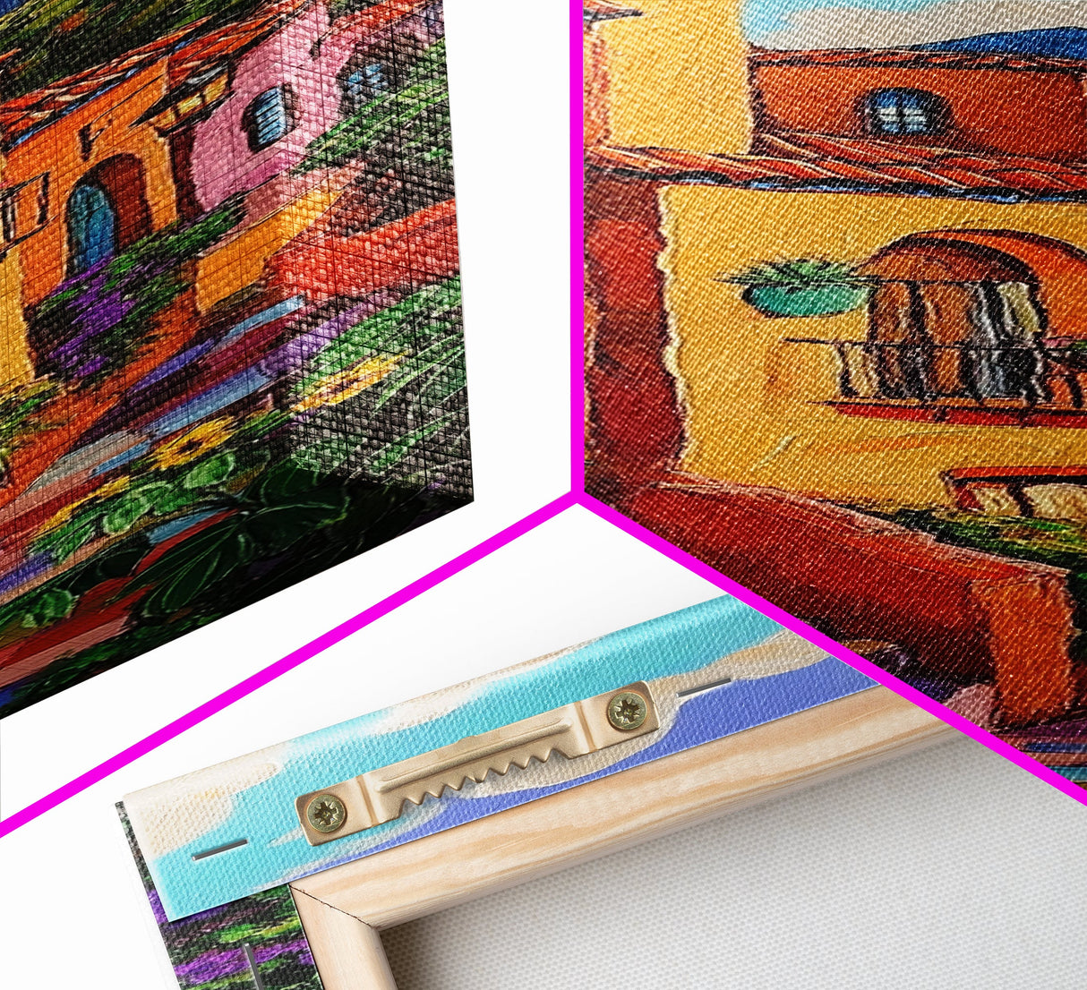 Village Steps, Warm Colors, Terracotta Homes, Canvas Print, vibrant street view painting, boho rustic style, hallway or kitchen wall art