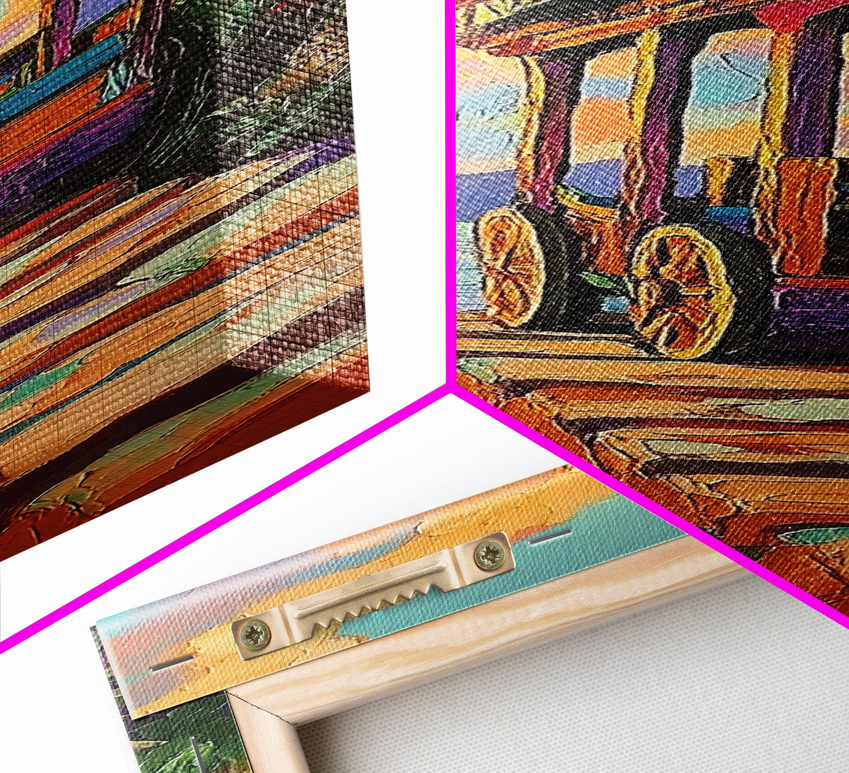 Wagon, Desert, Sunset, Vibes, Framed Canvas Print with rustic colorful wagon, boho western decor, entryway wall art, farmhouse aesthetic