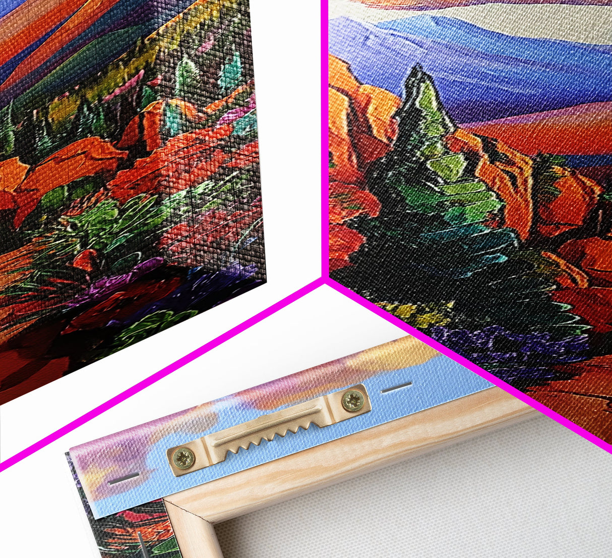 Desert, Mountains, Bold, Colors, Framed Canvas Print with red rock trail, southwest boho decor, hallway art, vibrant mountain landscape