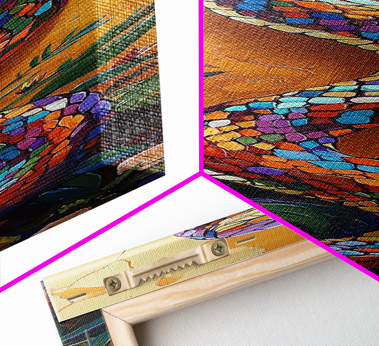 Colorful,Snake, Garden, Bold Mosaic Serpent Framed Canvas Print, Bohemian Wall Art, Unique Nature Decor, Southwestern Living Room