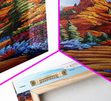 Trail Path, Wildflowers, Mountain View, Nature Escape Scene, Framed Canvas Print, Rustic Boho Wall Art, Cabin Entryway Decor