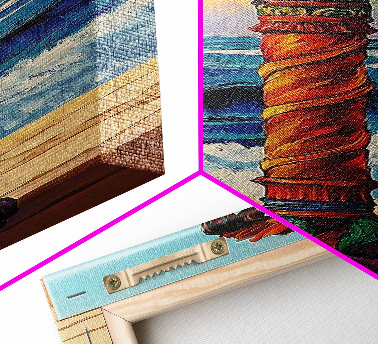 Coastal Totem, Bold, Art, Framed Canvas Print tropical tribal decor, ocean beach vibes, colorful surfside pole painting, seaside living room
