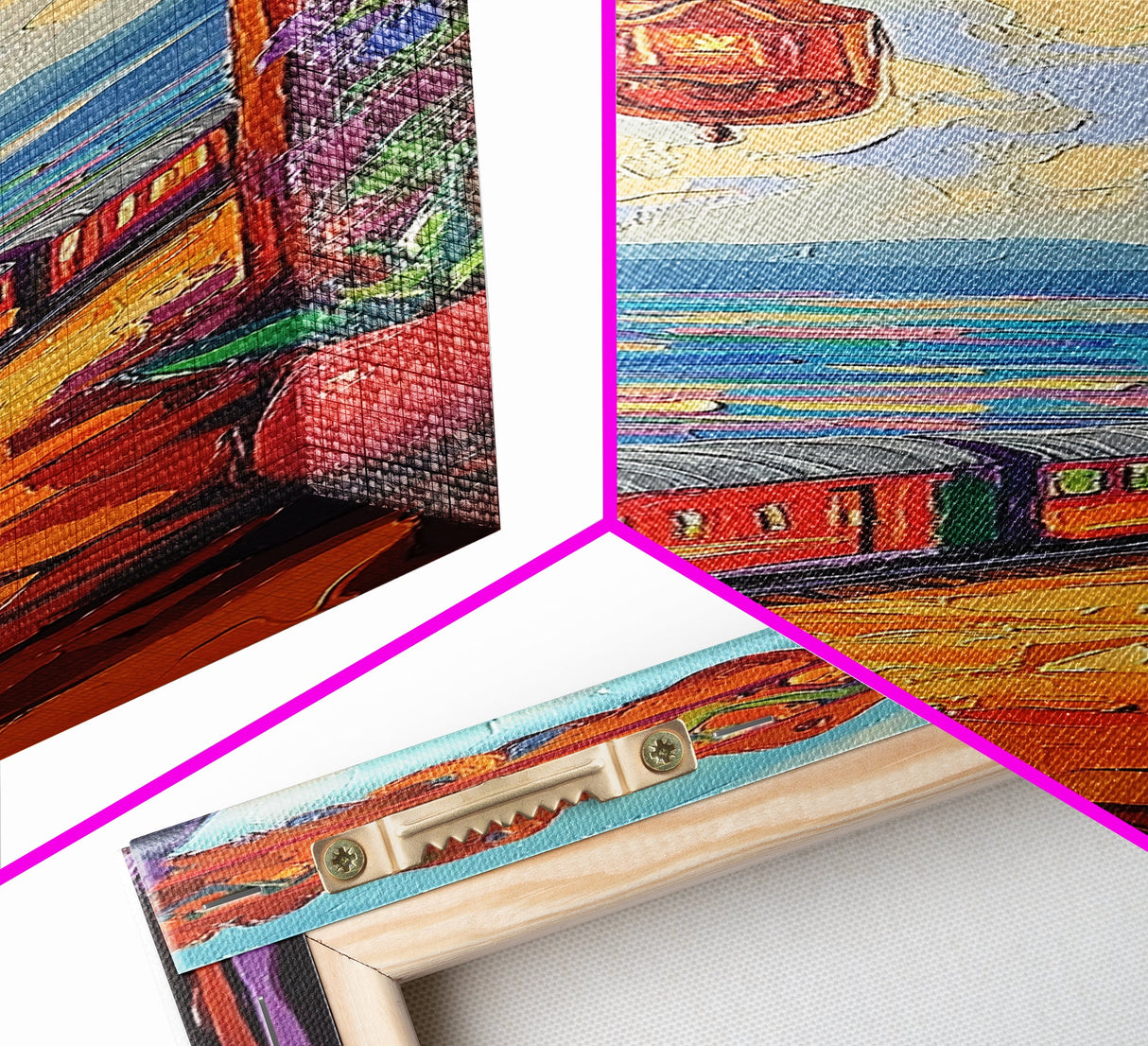 Train Seaside, Pathway Charming — Framed Canvas Print, whimsical travel artwork, Mediterranean street painting, kitchen decor, coastal scene