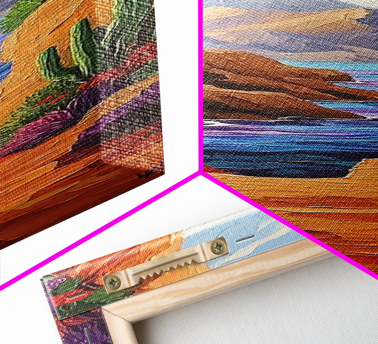 Desert Ocean, Cactus View, Framed Canvas Print, southwestern boho wall art, colorful nature painting, rustic hallway decor, warm earth tones