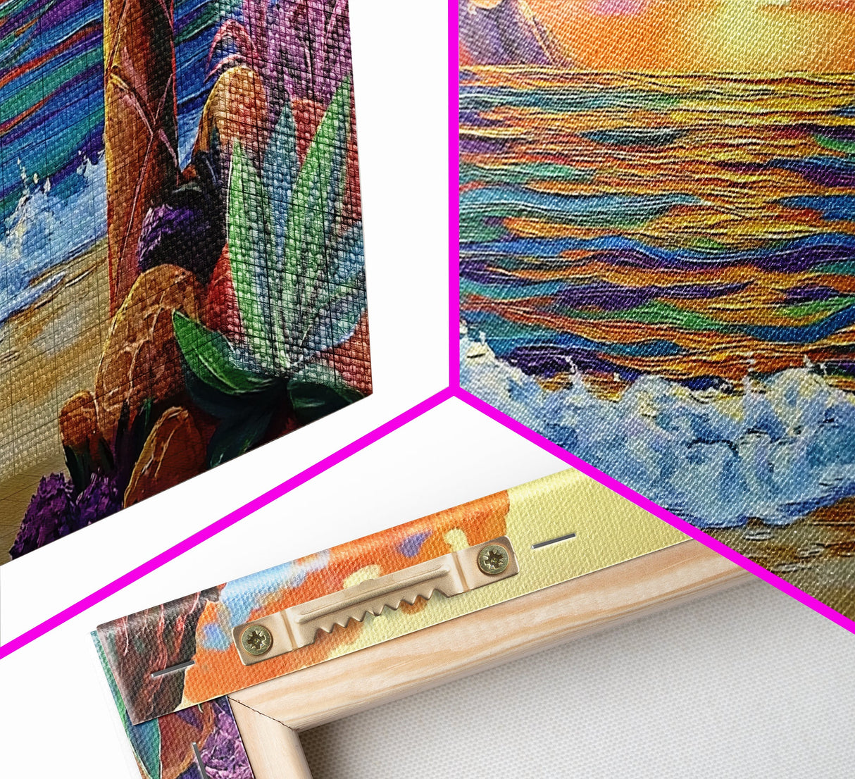 Sunset Beach, Waves, Colorful sunset beach seascape with waves and mountain view, Canvas Print, tropical coastal wall decor