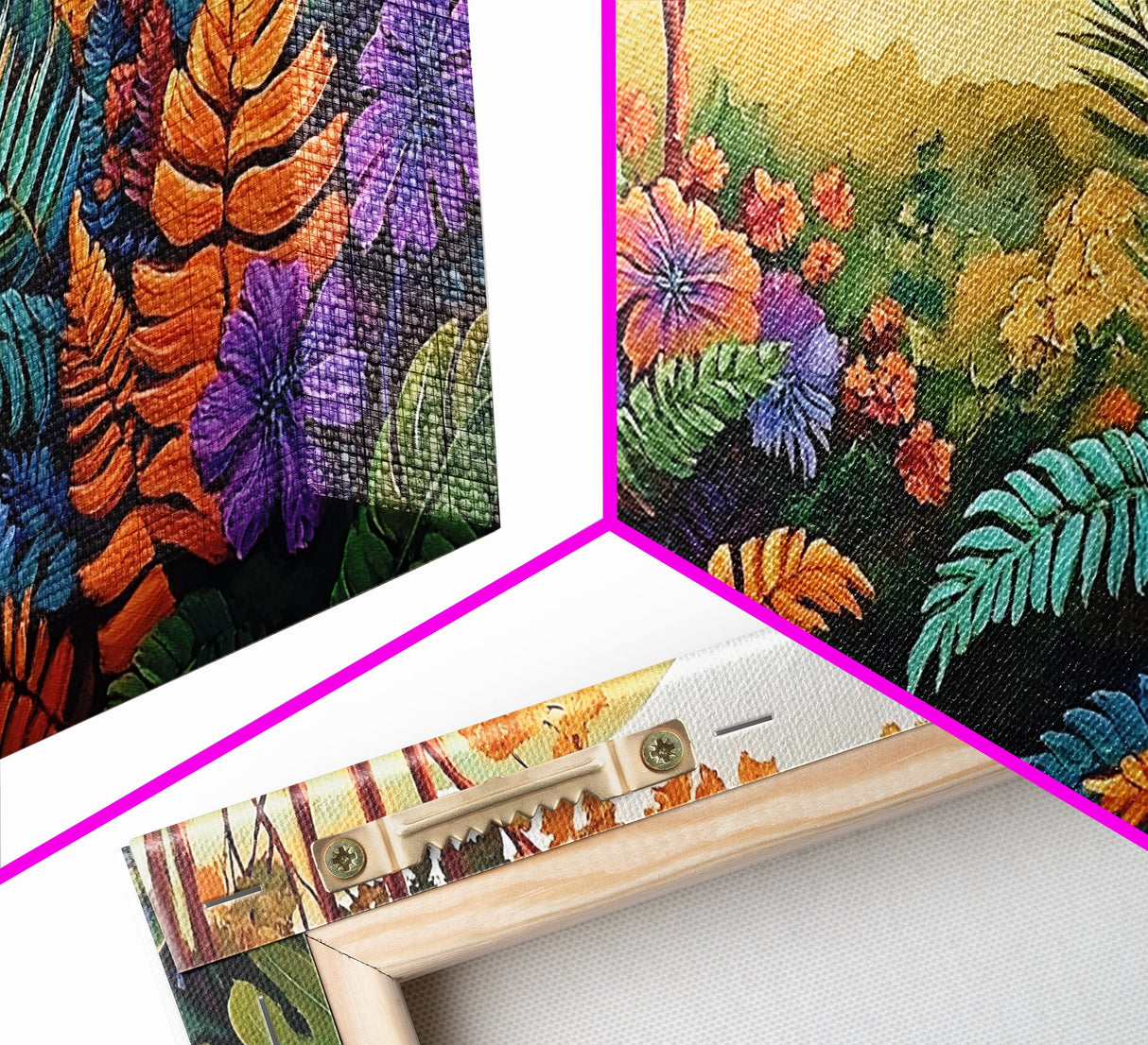 Jungle, Colorful, Leaves, Bold tropical jungle scene with vibrant foliage and golden sunlight, Canvas Print, boho bedroom wall art