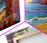 Ocean Cliffside, Flowers, Canvas Print, Colorful beachscape painting, Bathroom Wall Art, vibrant coastal decor,beach flower wall art