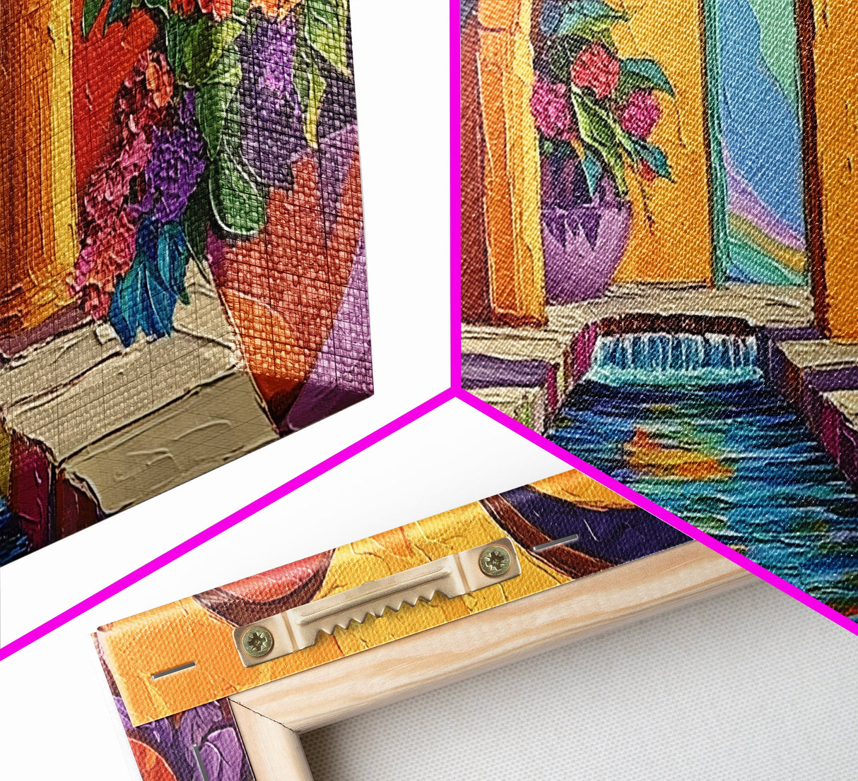 Courtyard Fountain, Colorful, Mediterranean, Framed Canvas Print, Spanish Style Art, Hallway Wall Decor, Bold Architecture Painting
