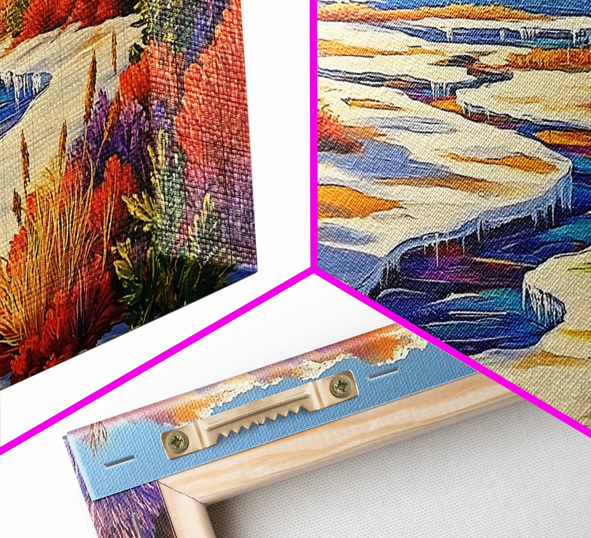 Winter River, Snow, Colorful, Framed Canvas Print, Winter Wonderland Art, Vibrant Seasonal Landscape, Cozy Cabin Wall Decor
