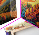 Feather Sunset, Flowers, Nature, Framed Canvas Print, Boho Feather Wall Art, Fall Home Decor, Living Room Autumn Art, Nature Painting
