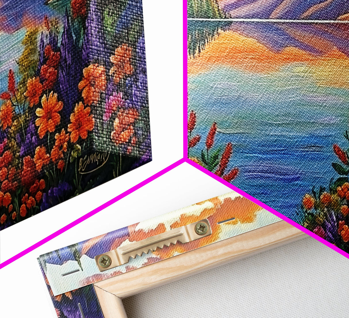 Mountain Lake, Sunset Reflection, Wildflower Meadow, Canvas Print, Vibrant Nature Art, Living Room or Cabin Wall Decor