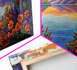 Mountain Lake, Sunset Reflection, Wildflower Meadow, Canvas Print, Vibrant Nature Art, Living Room or Cabin Wall Decor