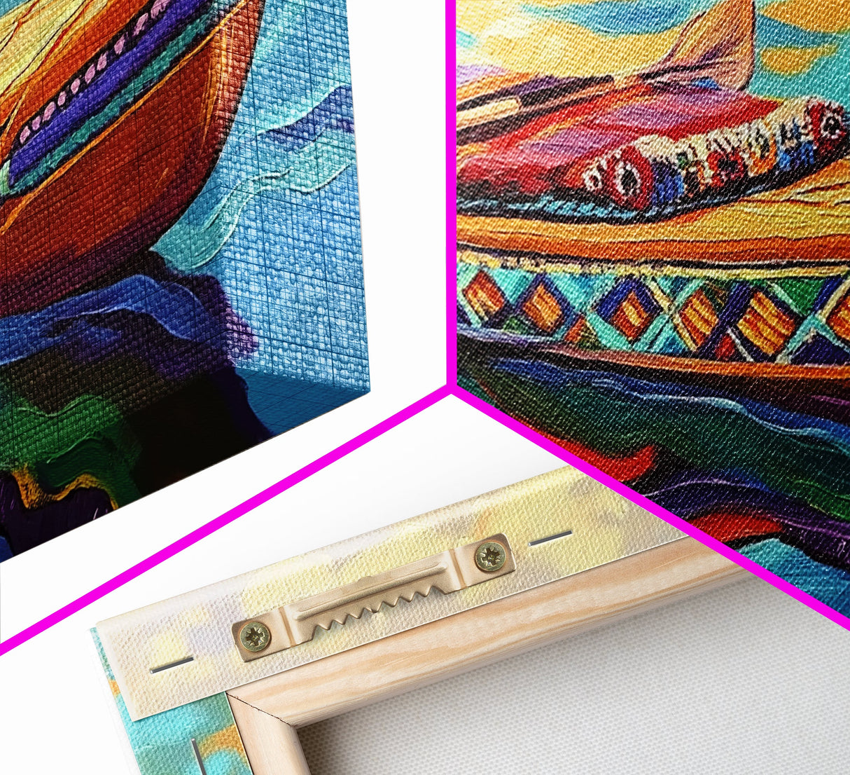 Canoe Water, Colorful, Tribal, Canvas Print, boho kayak art, nautical decor, beach house wall art, rustic folk painting, summer vibe