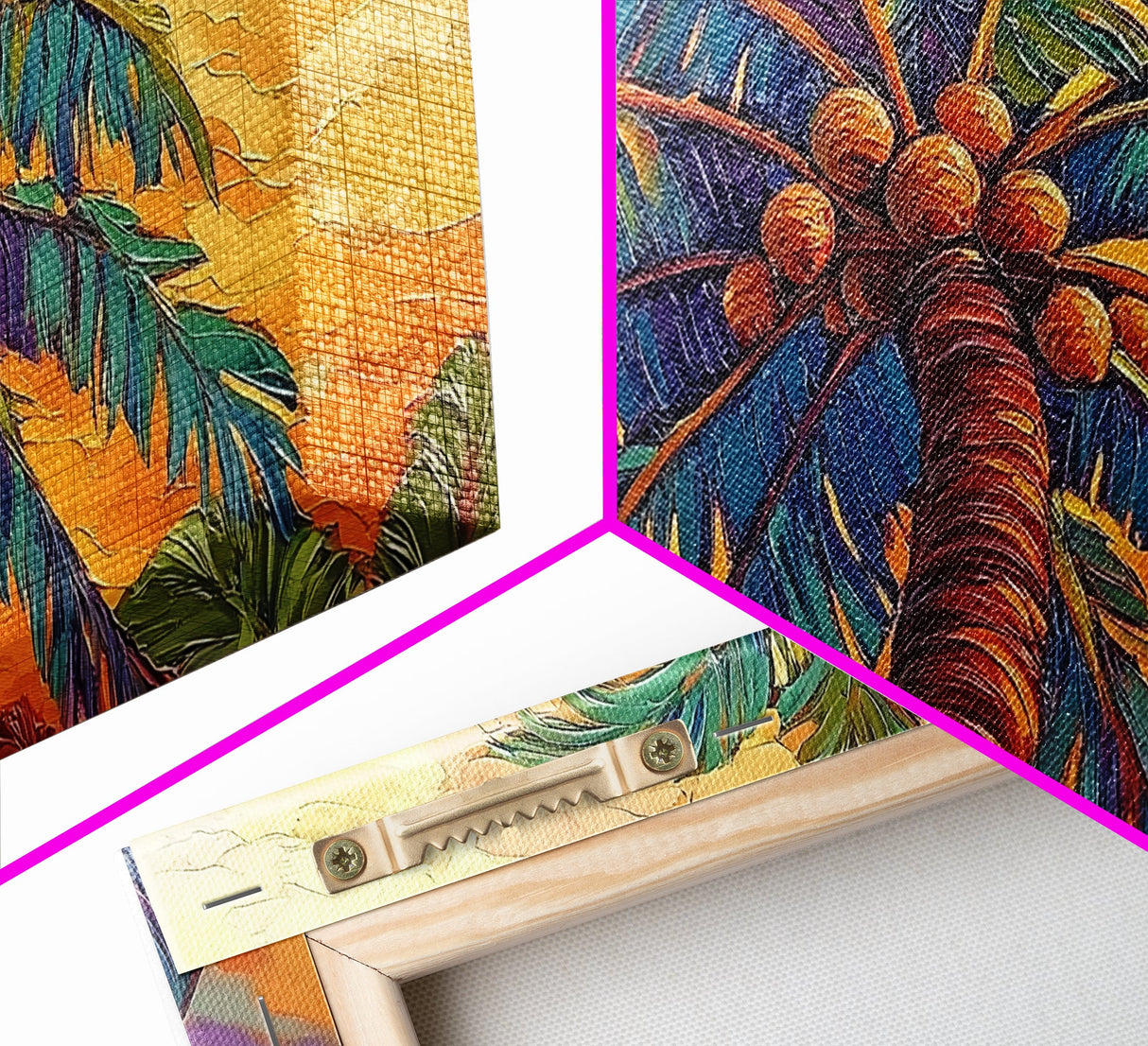 Palm Tree Sunset, Tropical, Framed Canvas Print, Bold colorful palm tree art in sunset sky, great Summer Beach Wall Art, tropical decor