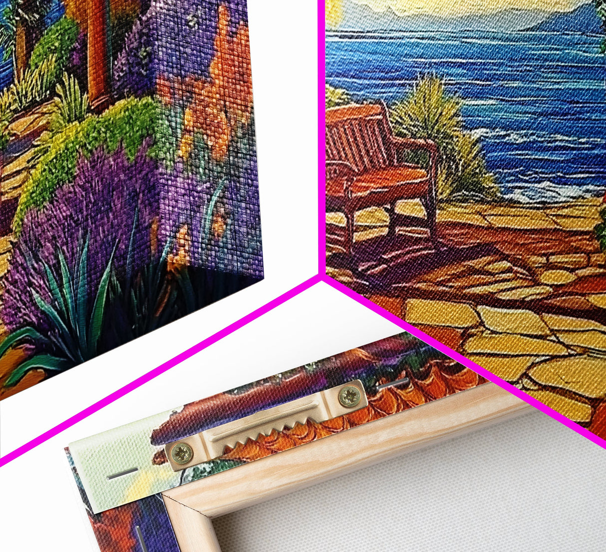 Garden Ocean View, Terrace, Framed Canvas Print, Serene garden bench by the ocean with colorful flowers, perfect Living Room Wall Art