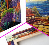 Garden Ocean View, Terrace, Framed Canvas Print, Serene garden bench by the ocean with colorful flowers, perfect Living Room Wall Art