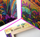 Jungle, Flowers, Adobe, Hillside, Framed Canvas Print tropical wall art, vibrant living room decor, boho jungle scene painting