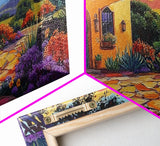 House Sunset, Garden, Southwest, Framed Canvas Print warm adobe home wall art, colorful southwestern sunset print, cozy kitchen decor