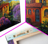 Villa Hillside, Coastal, Colorful, Framed Canvas Print Mediterranean house art, vibrant landscape painting, kitchen boho decor print