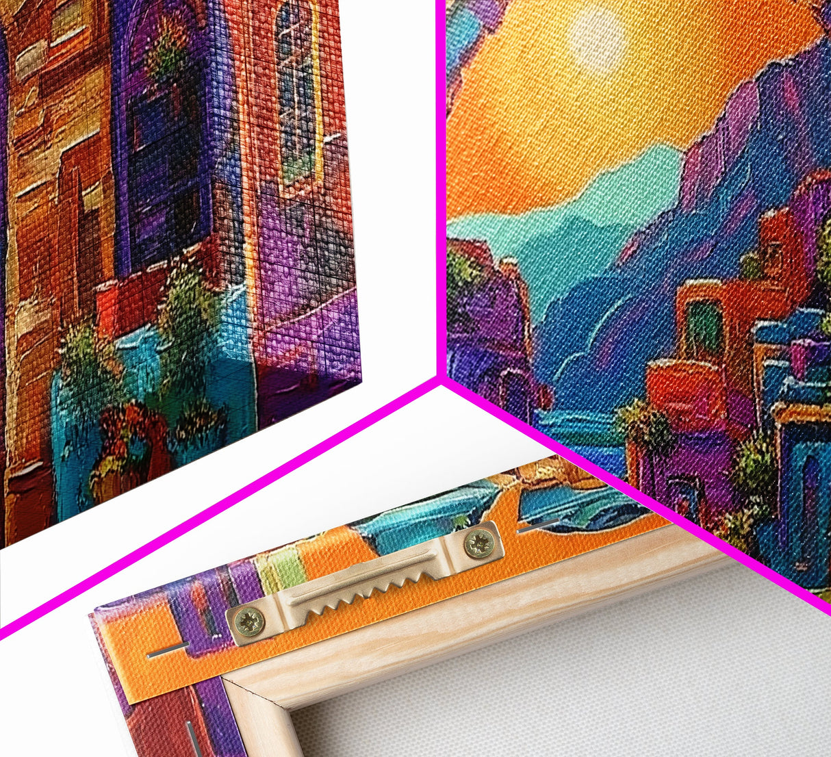 Arch Village, Sunset, Canvas Print, Mediterranean Town Wall Art, Colorful Travel Decor, Eclectic Living Room, Warm Sunset Vibe Art