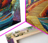 Tropical Boats, Colorful, Lagoon, Canvas Print, boats docked at tropical villa, Living Room Wall Art, vibrant coastal art, boho décor