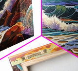 Sunset Surf, Crashing Waves, Coastal Mountains, Canvas Print, Vibrant Seascape Wall Art, Beach House Art, Bathroom Ocean Decor