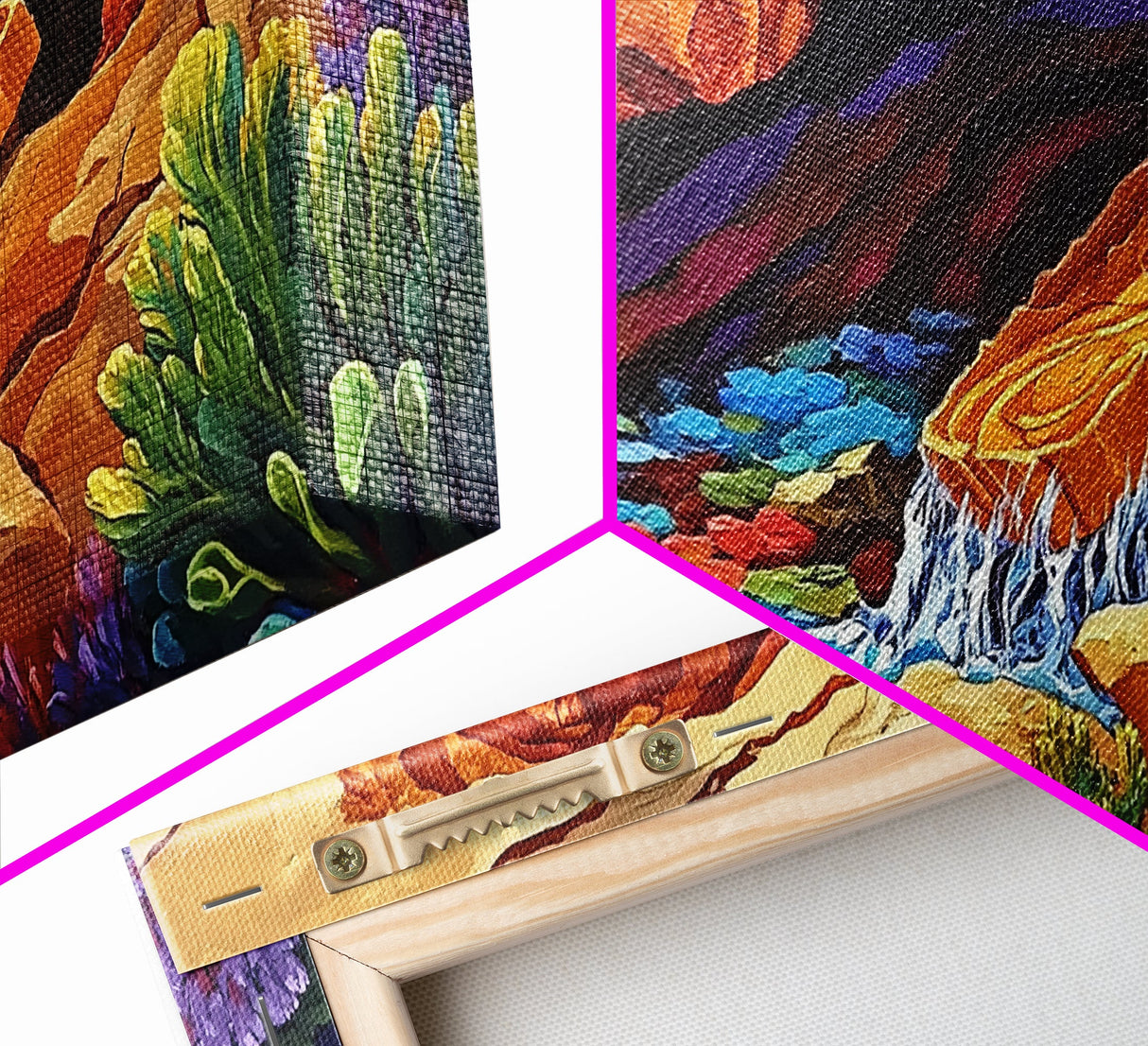 Desert Hidden, Oasis, Waterfall, Framed Canvas Print Nature-inspired boho landscape, colorful living room wall art, southwest decor