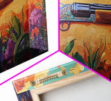 Shotgun Floral, Sunset, Western, Framed Canvas Print, rustic hunting cabin art, bold Americana decor, man cave or lodge wall print